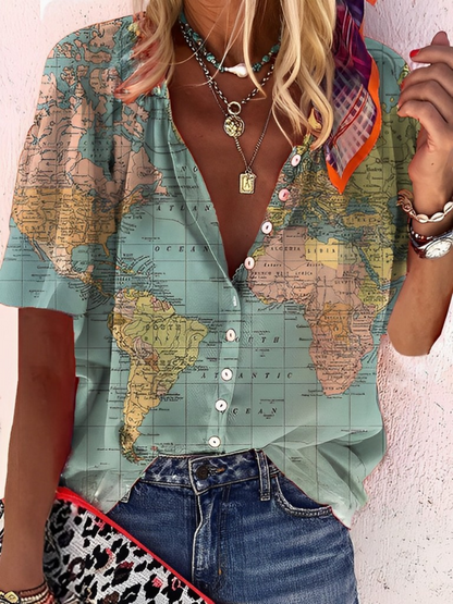Women's World Map Printed Shirt