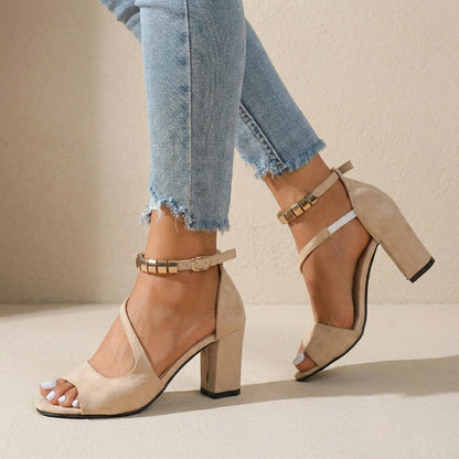 Women's Suede Block Heel Sandals Embellished Straps - VibreMode