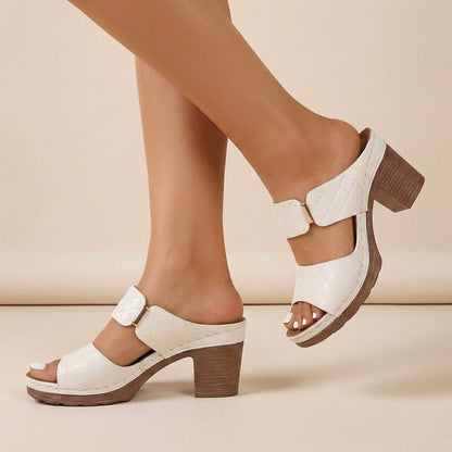 Women's Quilted Slide Sandals Block Heel Metallic Accent