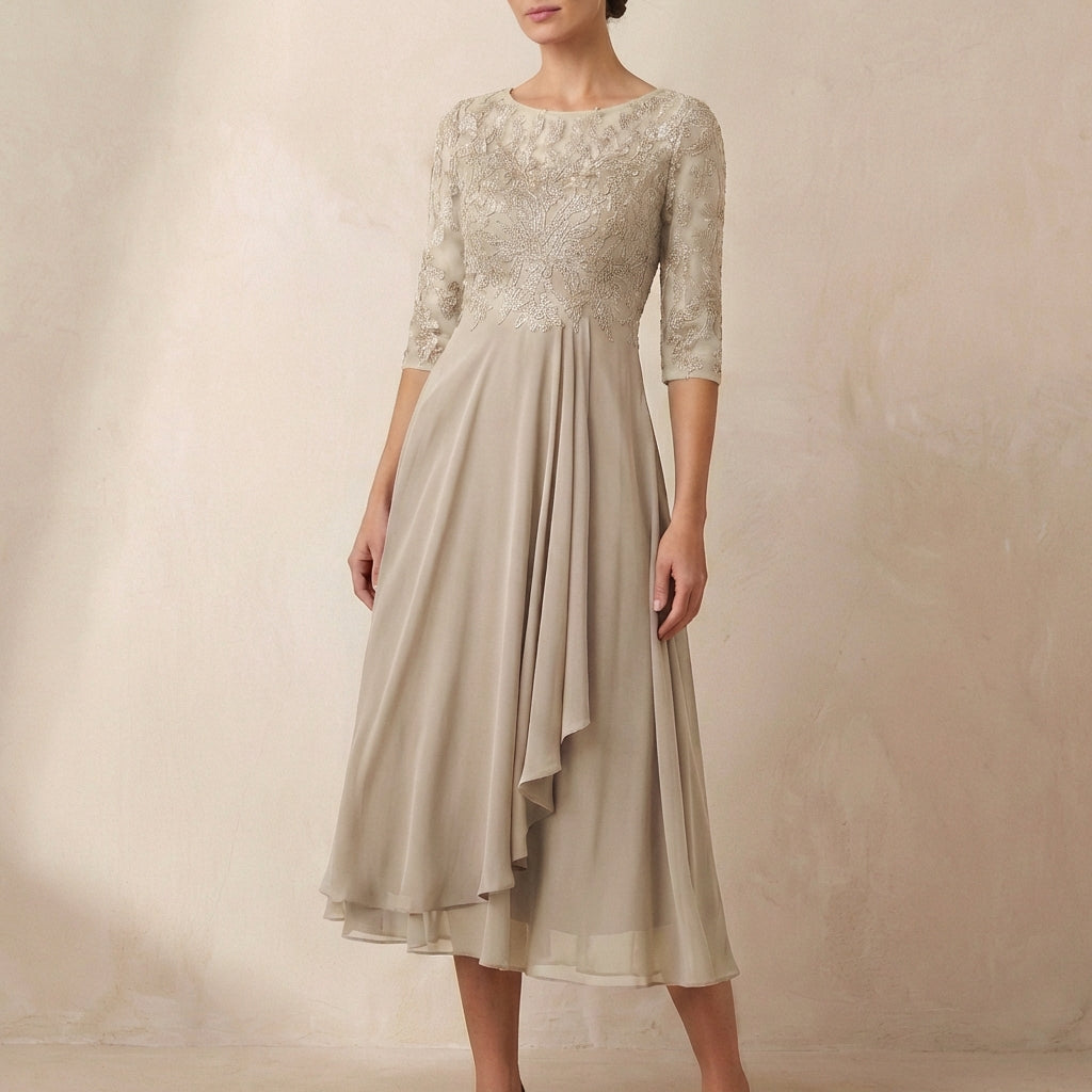 Women's Embroidered A-Line Midi Dress Sheer Sleeves - VibreMode