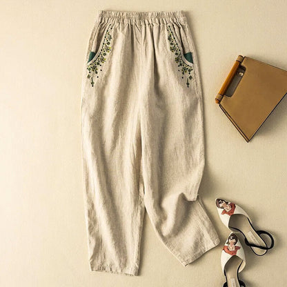 Linen Relaxed Fit Harem Pants Ankle Length Embroidered Pockets