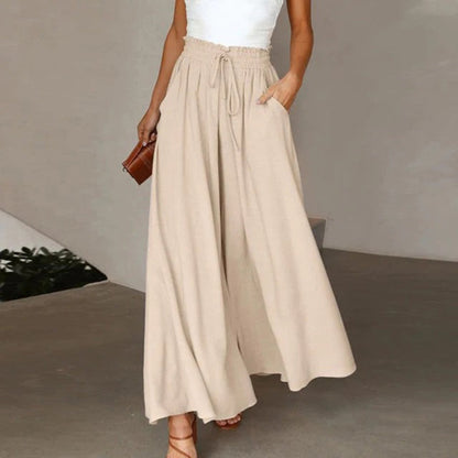 Women's High Waist Elastic Pants A-Line Cotton Long Black