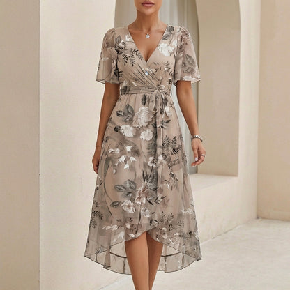Women's Midi Wrap Dress Chiffon Tie Waist