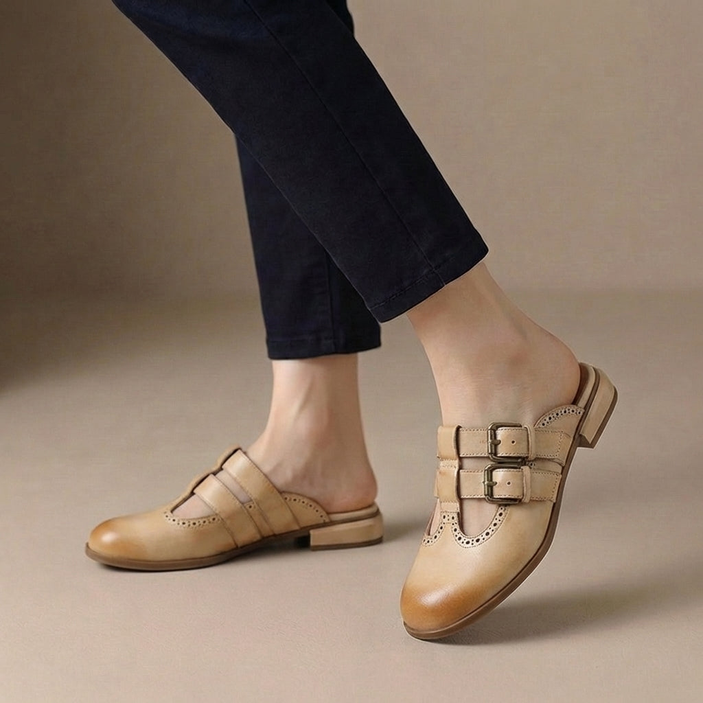 Women's Slip-On Mule Heels Double Buckle Brogue Detail Brown