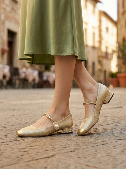 Women's Mary Jane Shoes Metallic Pearl Embellished