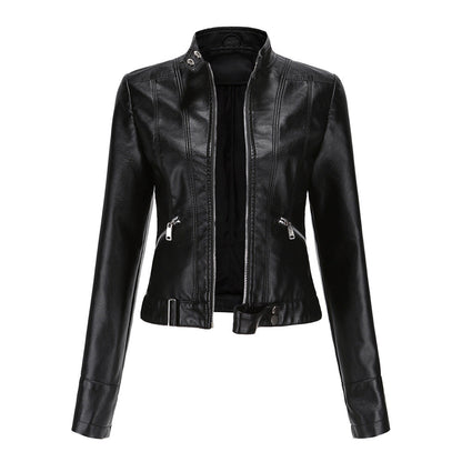 Women's Leather Jacket Zip Closure High Collar Adjustable Belt - VibreMode