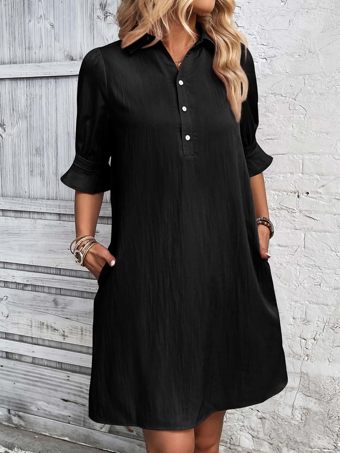 Classic Fit Women's 3/4 Sleeve Shirt Dress - VibreMode