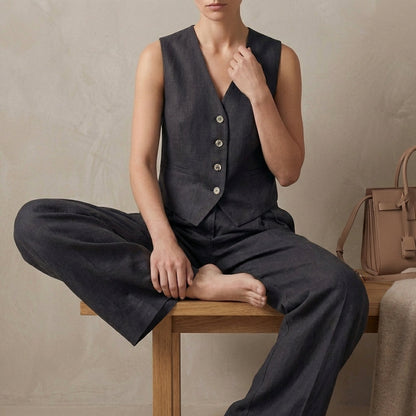 Linen Vest And Trousers Set Sleeveless High Waisted Pleated