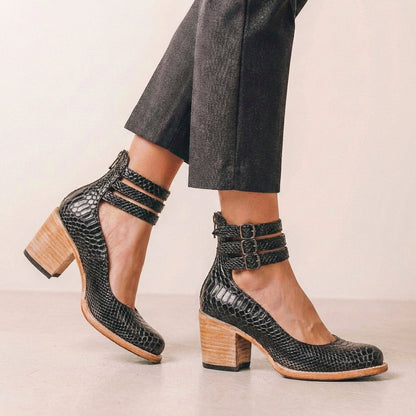 Vegan Leather Block Heel Pumps Buckled Ankle Straps - VibreMode