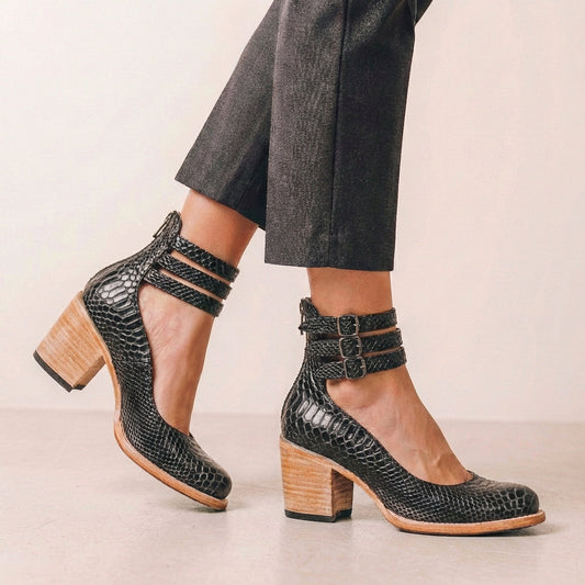 Vegan Leather Block Heel Pumps Buckled Ankle Straps - VibreMode