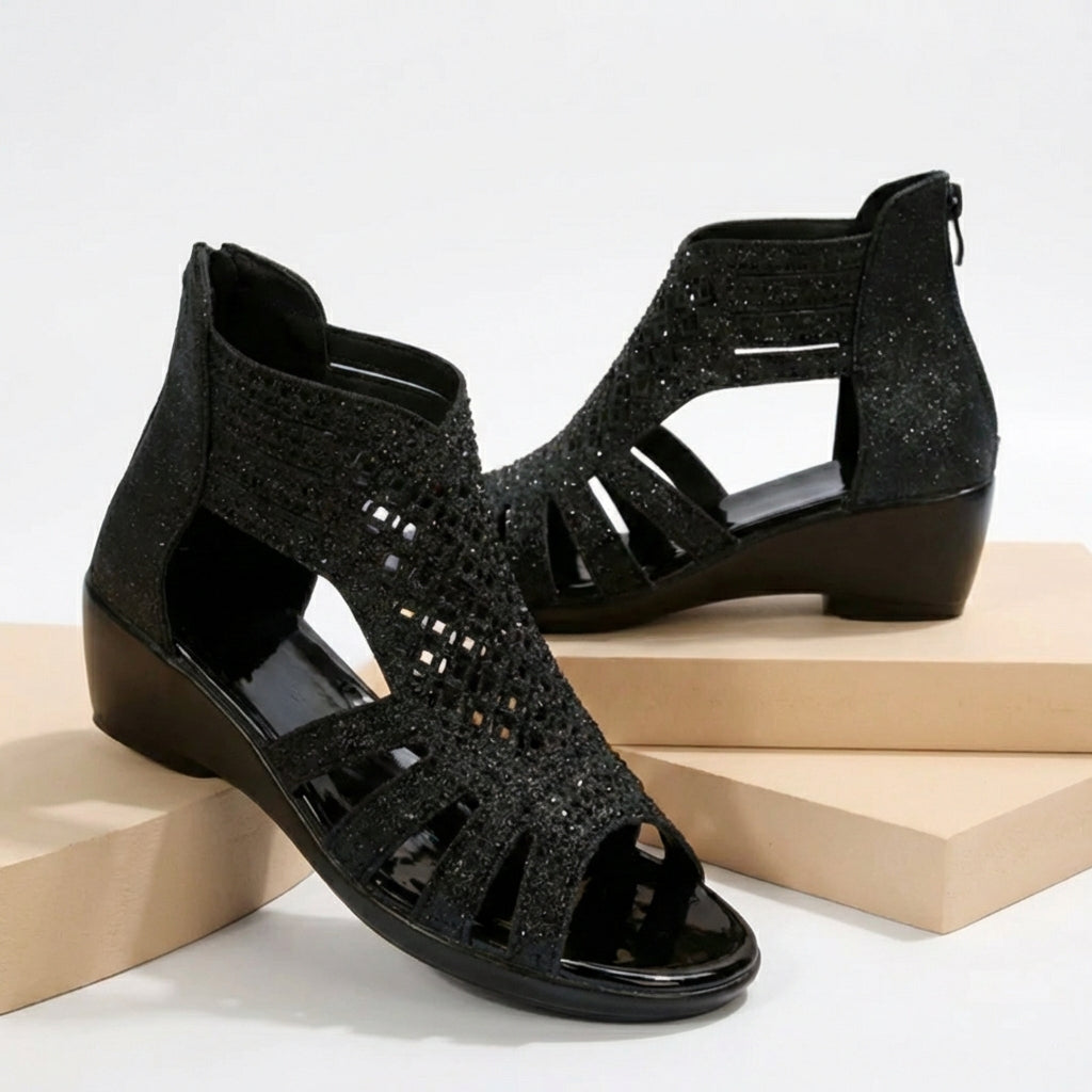 Womens Wedge Sandals Back Zipper Cut Out Design