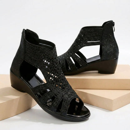 Womens Wedge Sandals Back Zipper Cut Out Design