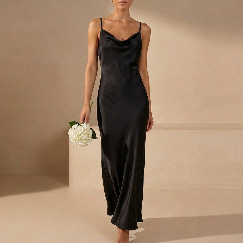 Women's Satin Maxi Dress Cowl Neck Spaghetti Straps Evening
