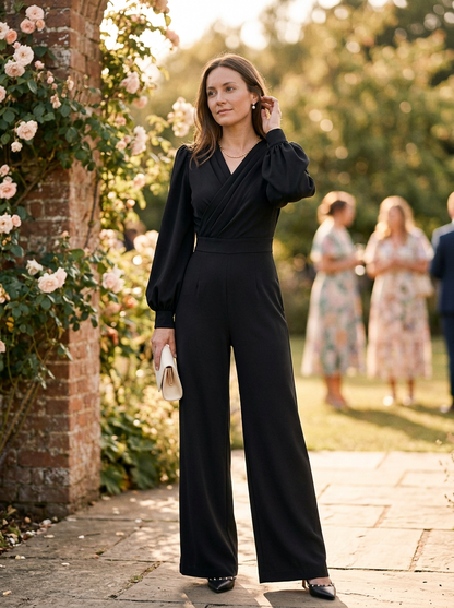 Women's V-Neck Jumpsuit Wide Leg Voluminous Sleeves - VibreMode