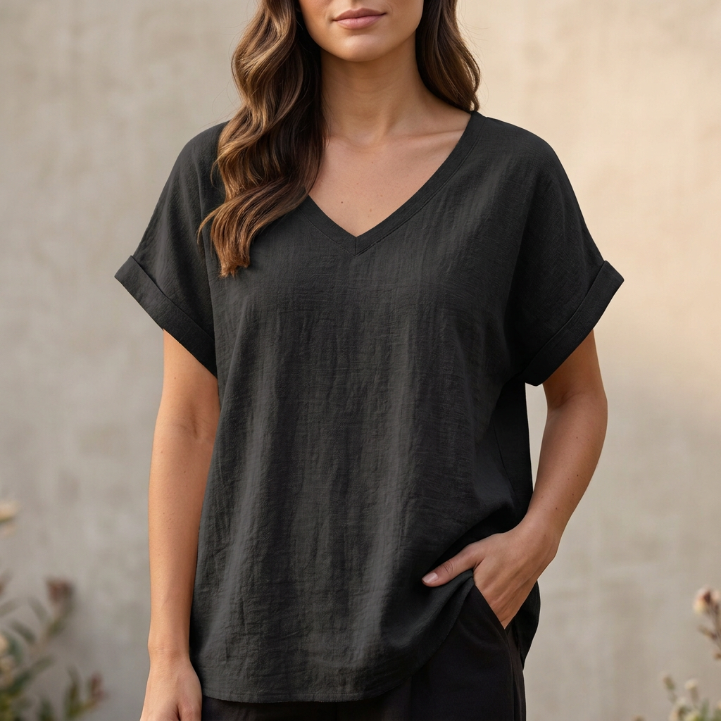 Women's V-Neck T-Shirt Relaxed Fit Asymmetrical Hem
