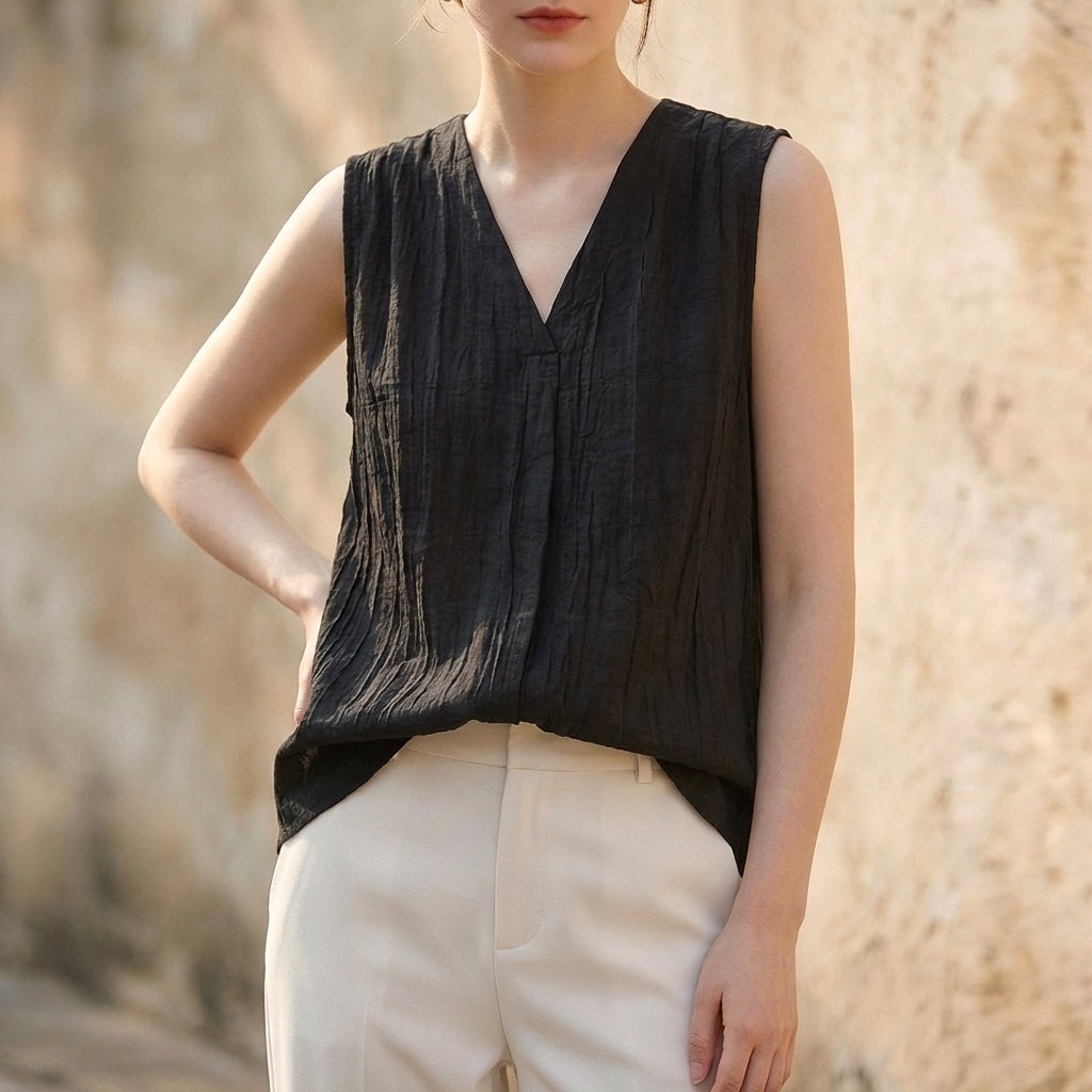 Women's V-Neck Sleeveless Pleated Crinkle Texture