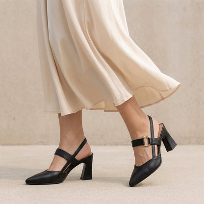 Women's Pointed Toe Block Heels Metallic Accent - VibreMode