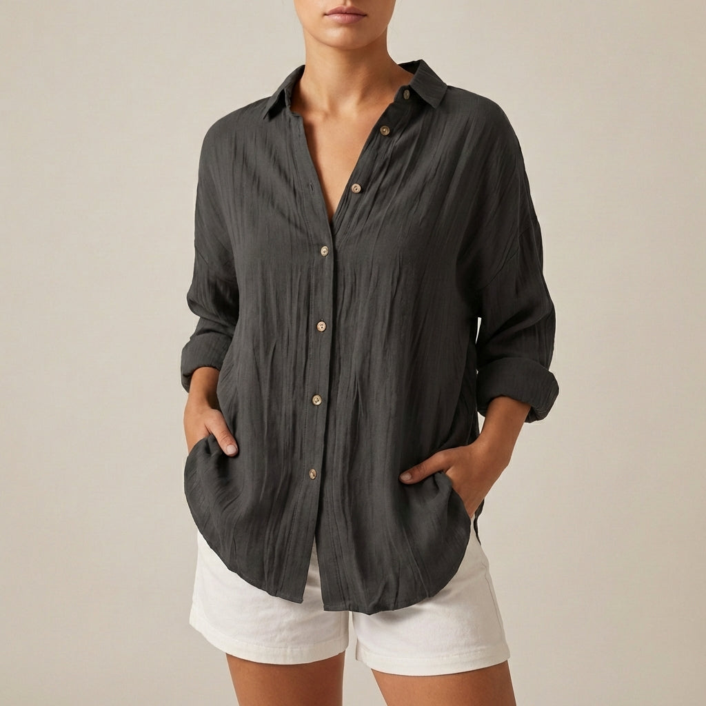 Linen Longline Shirt Relaxed Fit Button Up Pleated - VibreMode