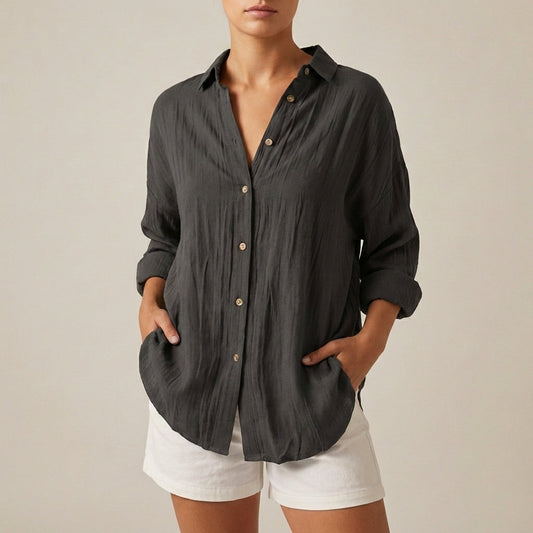 Linen Longline Shirt Relaxed Fit Button Up Pleated - VibreMode