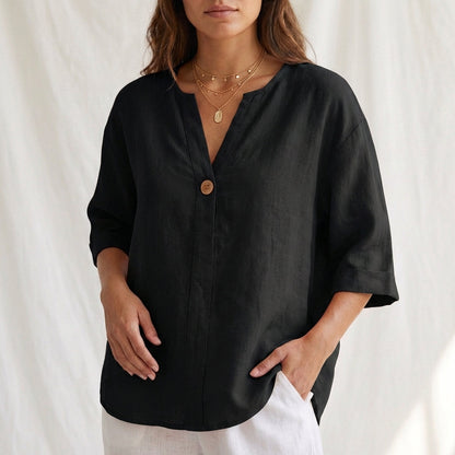 Women's Cotton Blouse V-Neck Cuffed Sleeves - VibreMode