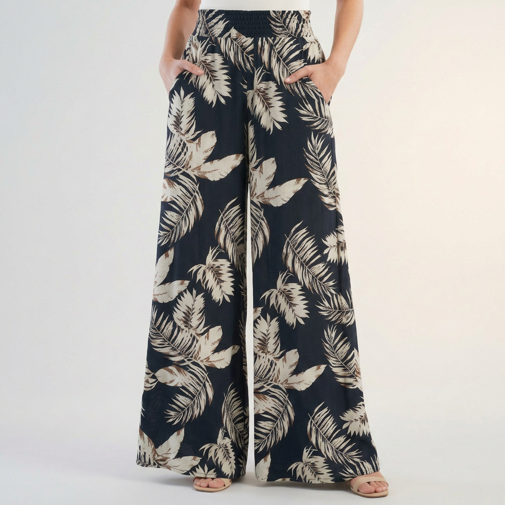 Women's Tropical Print Palazzo Pants Ruched Waist - VibreMode