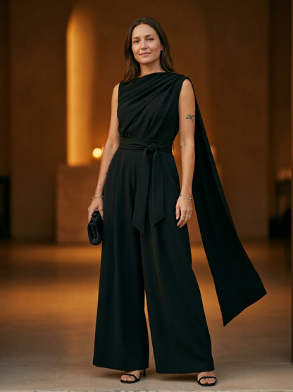 Women's Cowl Neck Jumpsuit Wide Leg Belted Waist - VibreMode