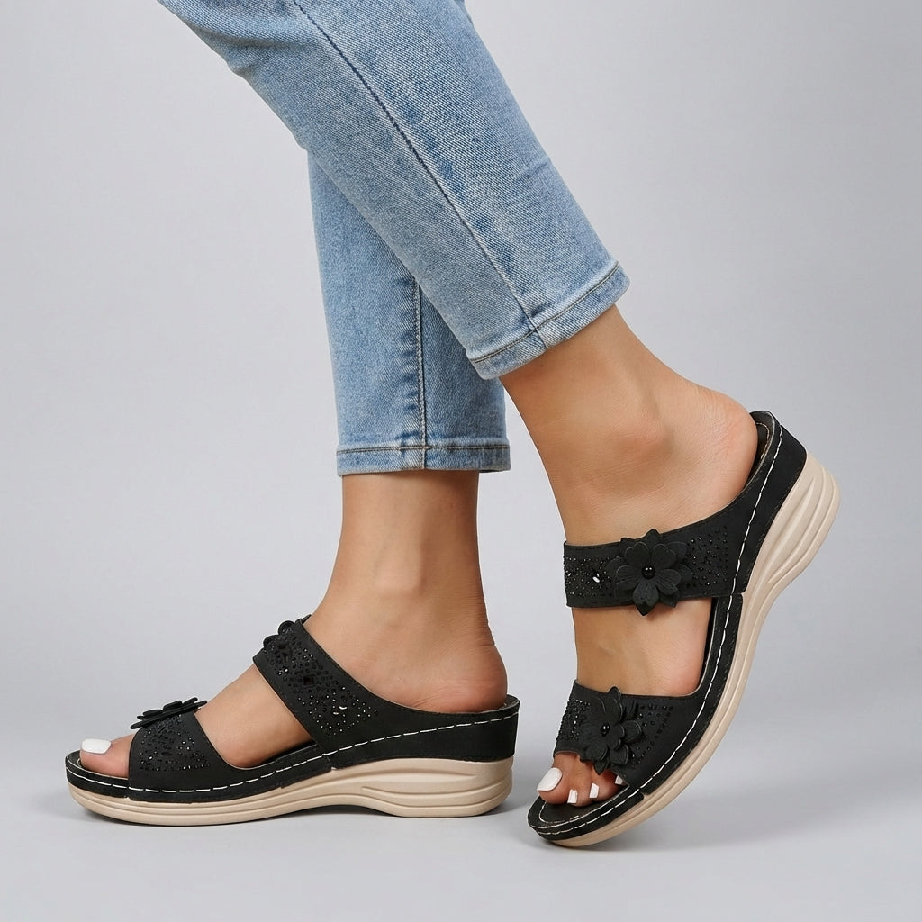 Women's Orthopedic Wedge Sandals Floral Embellished Comfort - VibreMode