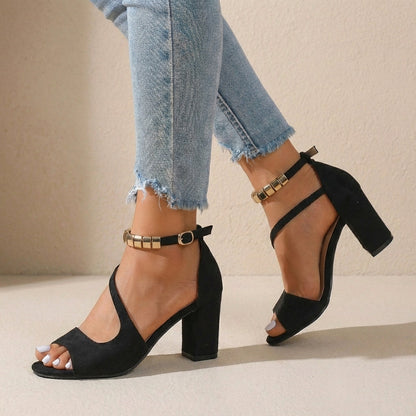 Women's Suede Block Heel Sandals Embellished Straps