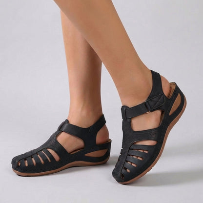 Women's Leather Wedge Sandals Ankle Strap Perforated Brown