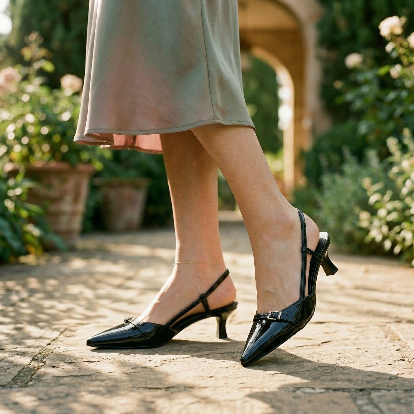 Women's Slingback Pumps Kitten Heel Buckle Detail