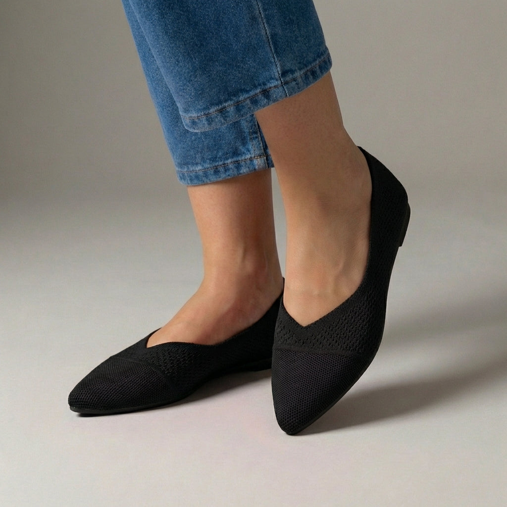 Women's Knit Slip-On Flats Pointed Toe Textured Black - VibreMode