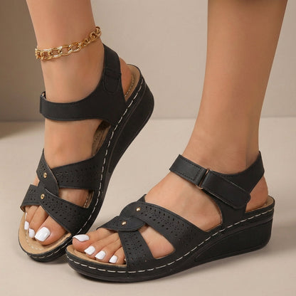 Wedge Sandals Perforated Leather Adjustable Ankle Strap Platform - VibreMode
