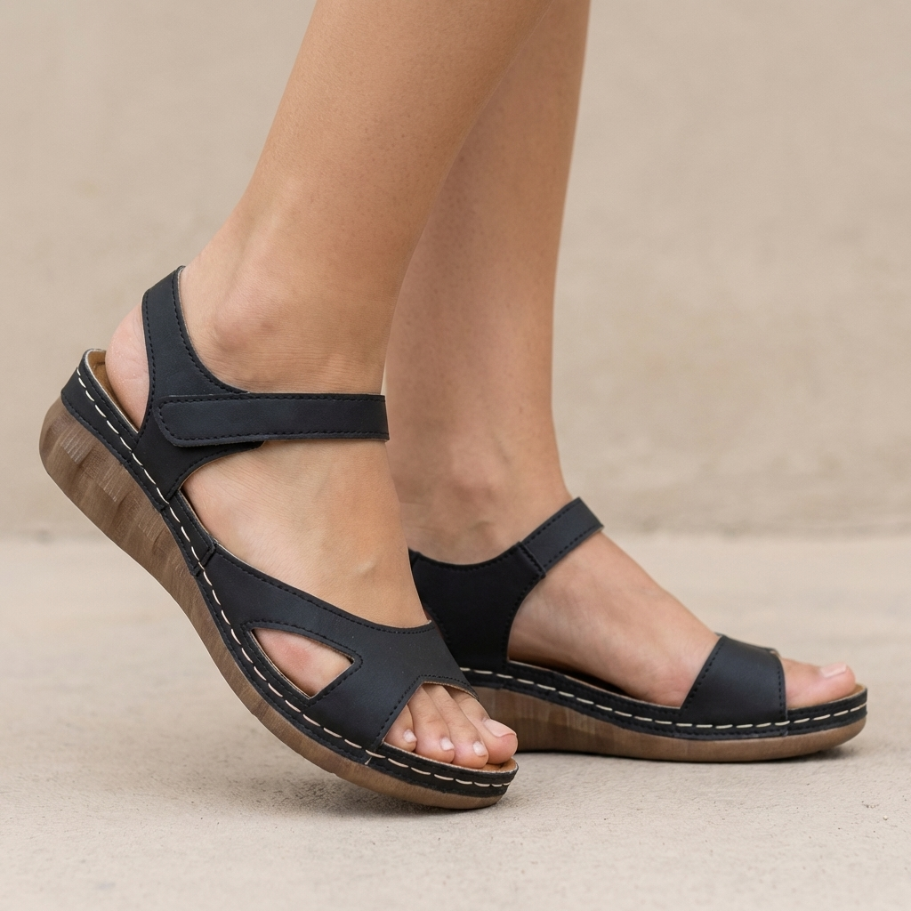 Women's Contoured Wedge Sandals Adjustable Ankle Strap Cut-Out Detail - VibreMode