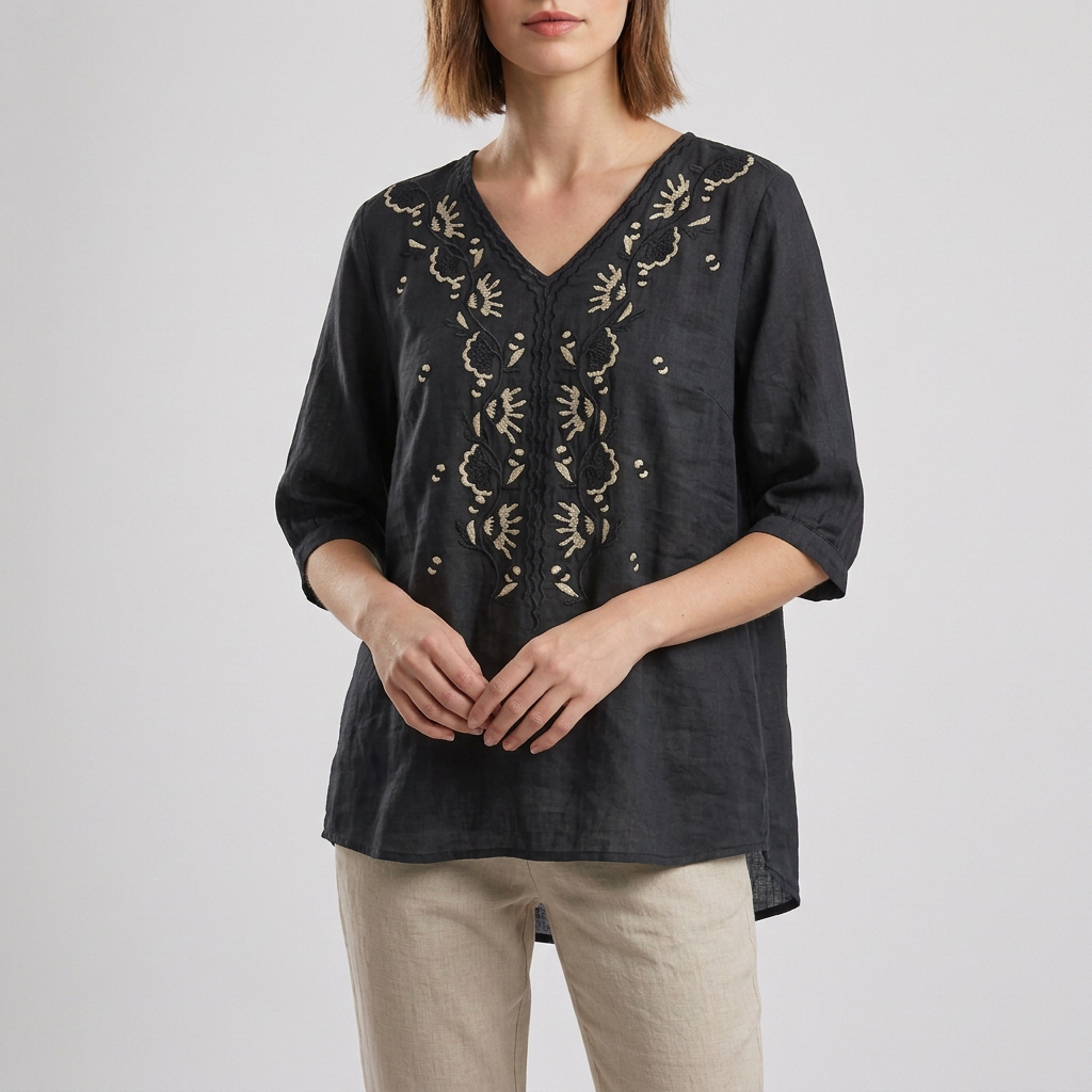 Women's Relaxed Fit V-Neck Blouse Embroidered Floral White