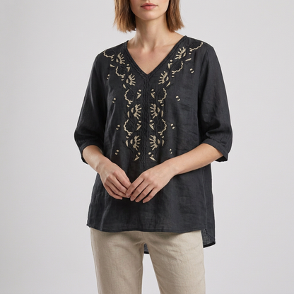Women's Relaxed Fit V-Neck Blouse Embroidered Floral White