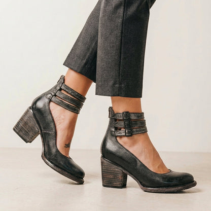 Vegan Leather Block Heel Pumps Buckled Ankle Straps