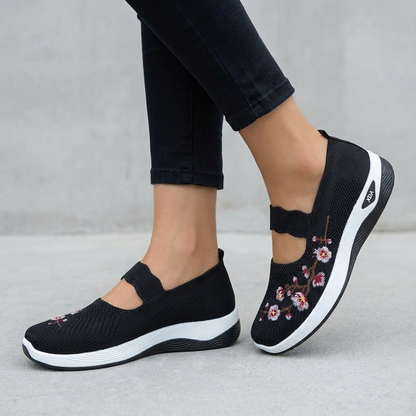 Women's Knit Mesh Mary Jane Flats Floral Embroidery - VibreMode