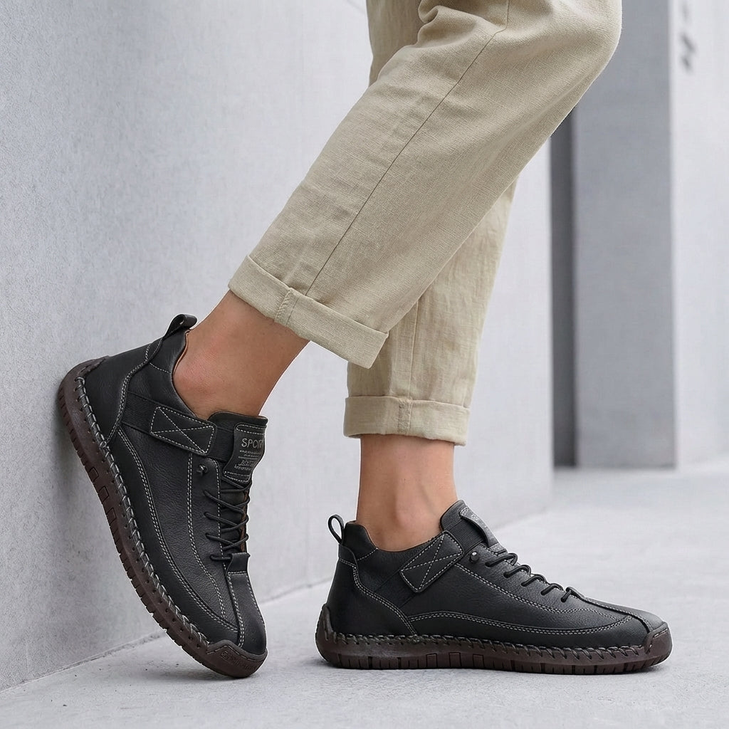 Mens Lace-Up Sneakers Leather Moc-Toe Brown - VibreMode