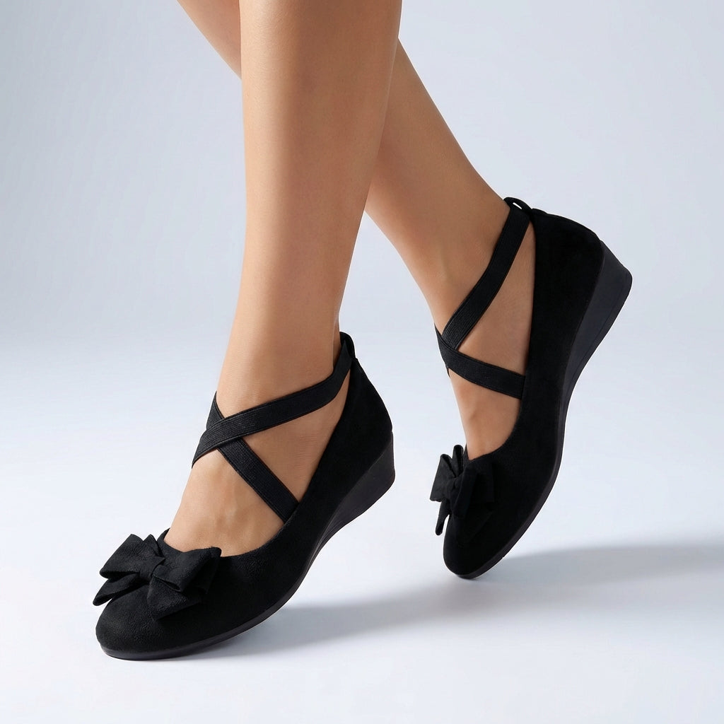 Womens Fitted Wedge Loafers Cross Over Strap Bow Detail - VibreMode