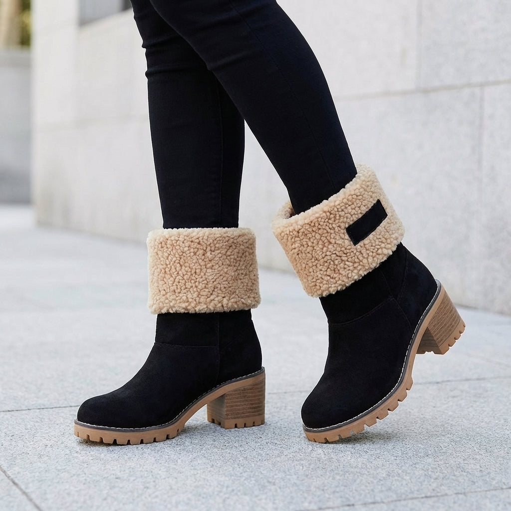 Women's Fur Lined Mid Calf Boots Lug Sole Block Heel