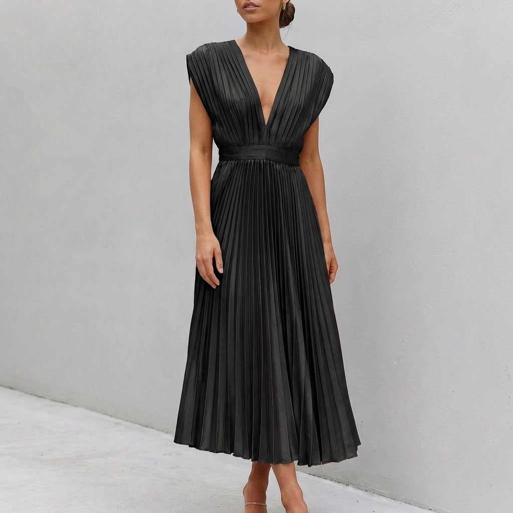 Women's Midi Dress Draped Bodice Defined Waist