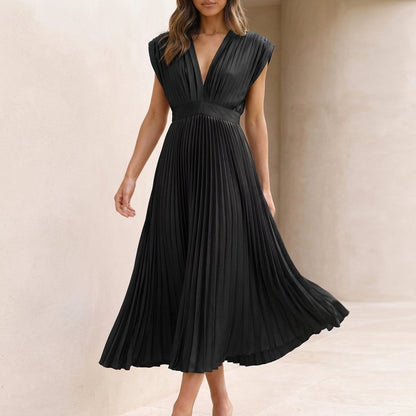 Women's Pleated Maxi Dress V-Neck Waist Defined