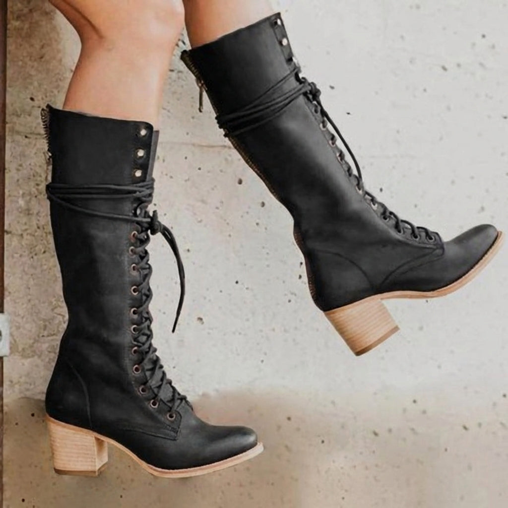 Women's Block Heel Knee-High Boots Lace-Up Design - VibreMode