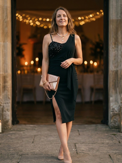Women's Sequin Bodycon Dress Draped Bodice Slit