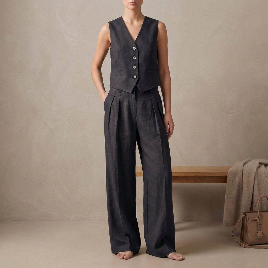 Linen Vest And Trousers Set Sleeveless High Waisted Pleated