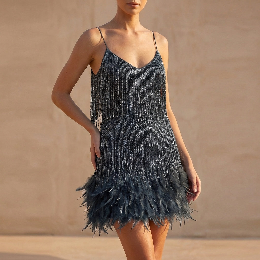 Women's Mini Dress Fringe Feather Beaded - VibreMode