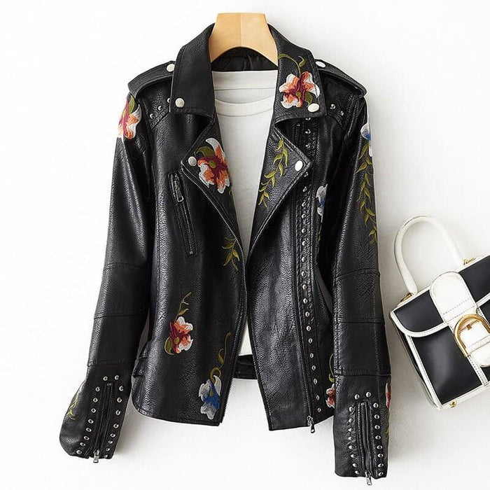 Vintage Floral Biker Leather Jacket