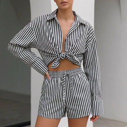 Women's Collared Shirt And Wide Leg Shorts Set - VibreMode
