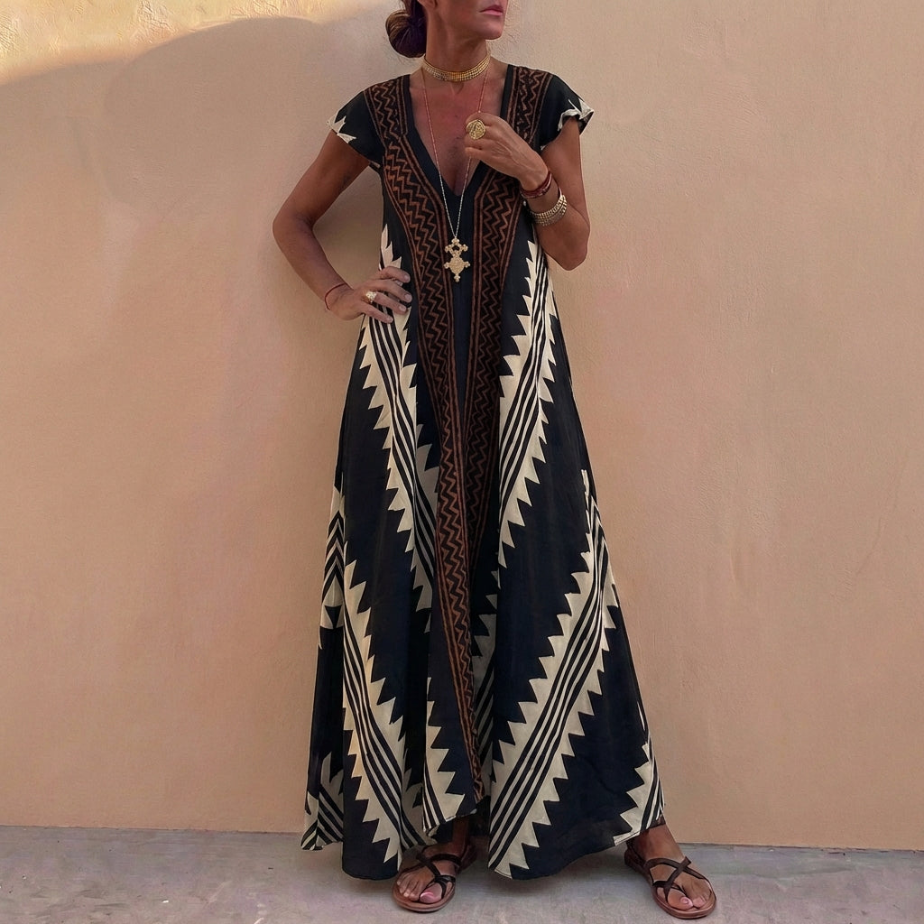 Bohemian A-Line Maxi Dress Deep V-Neck Geometric Print