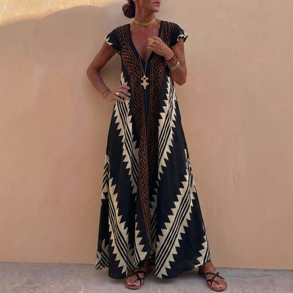 Bohemian A-Line Maxi Dress Deep V-Neck Geometric Print